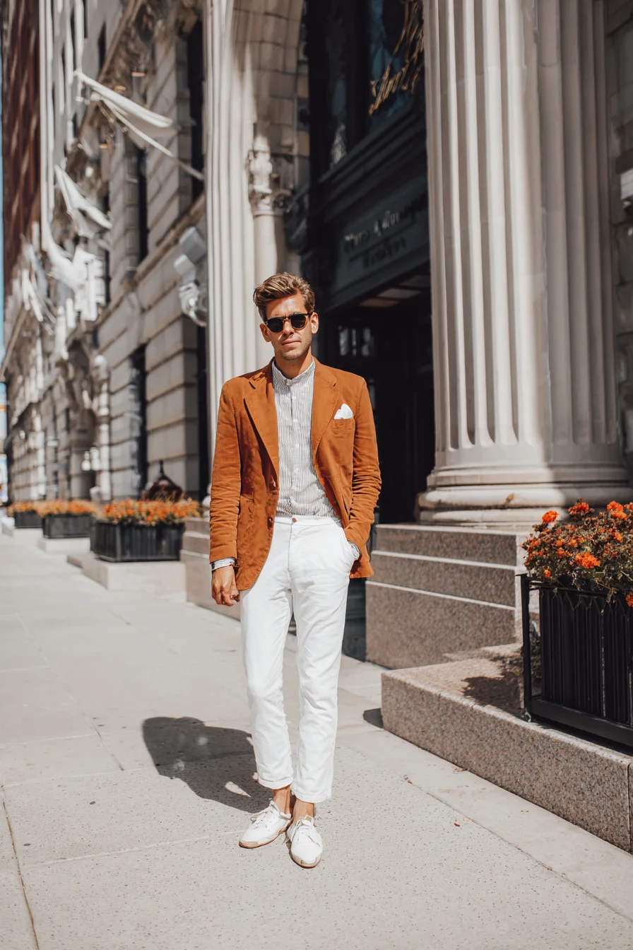 Smart Casual Summer Blazer: Tan Jacket with White Chinos & Striped Shirt
