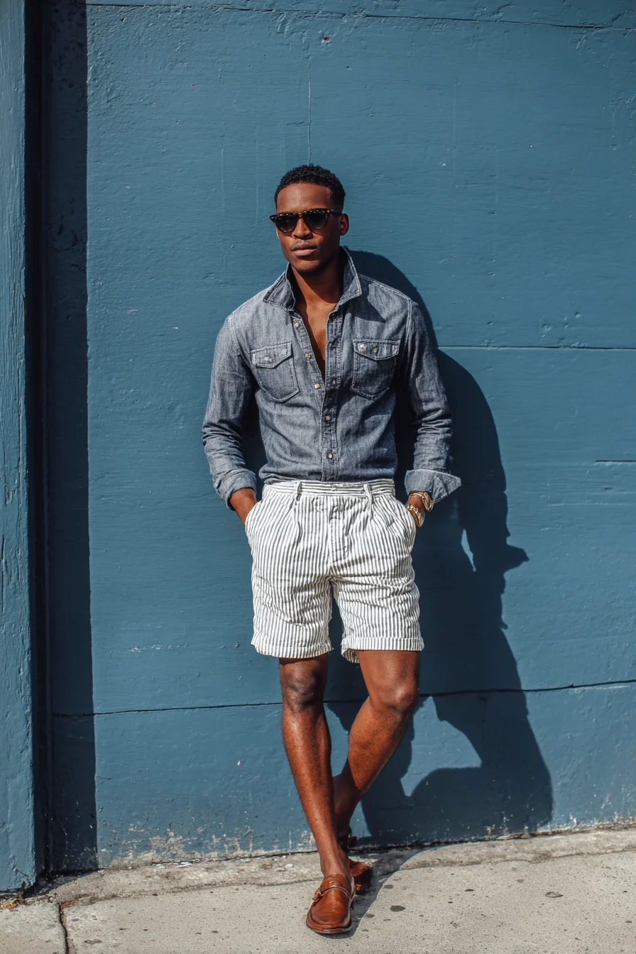 Smart-Casual Summer: Chambray Shirt with Striped Shorts & Brown Loafers