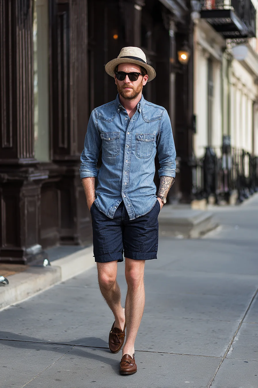 Smart-Casual Summer: Denim Shirt with Navy Shorts and Leather Loafers