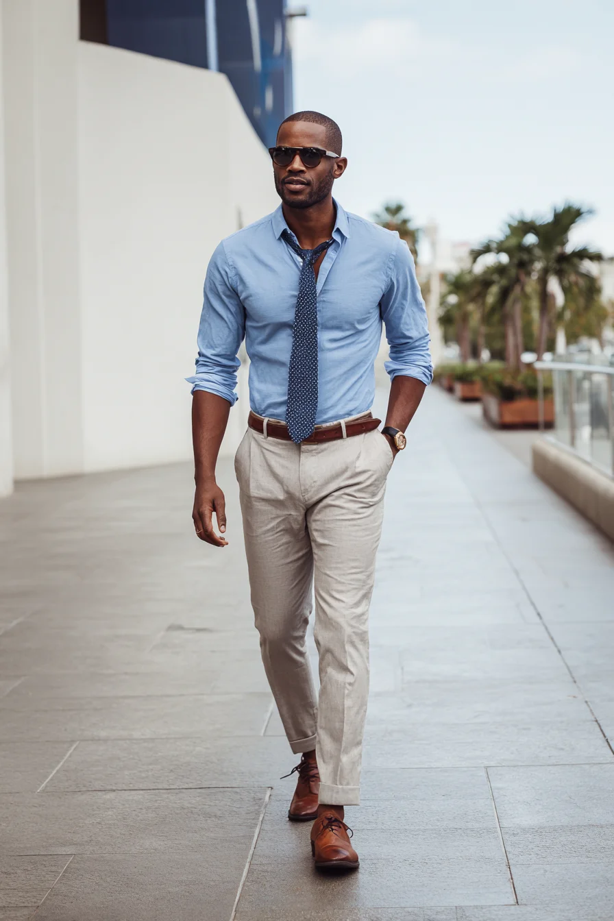 Smart-Casual Summer: Light Blue Shirt, Beige Trousers & Brown Leather Shoes