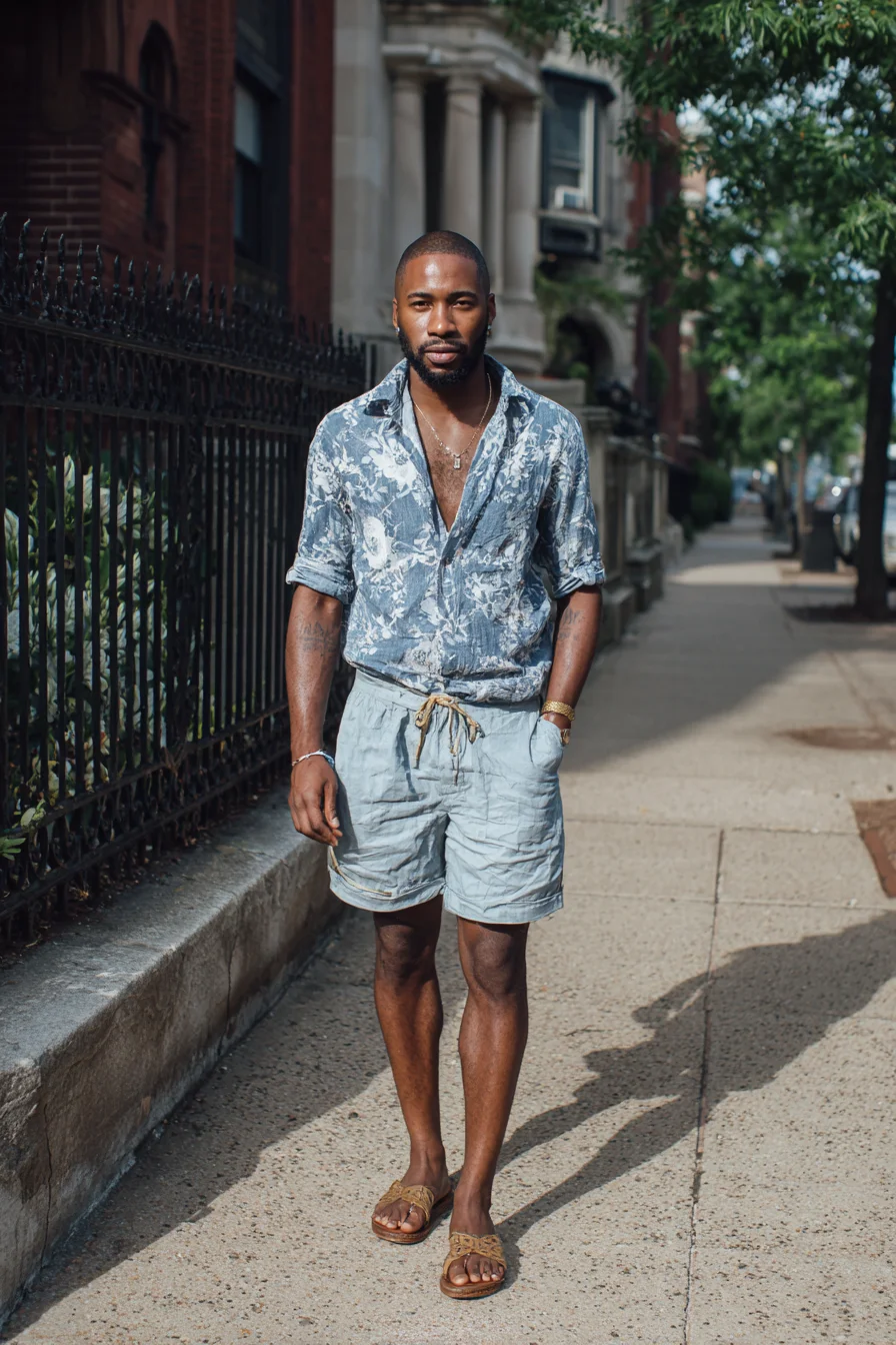 Smart-Casual Summer: Linen Floral Shirt with Light Drawstring Shorts & Sandals