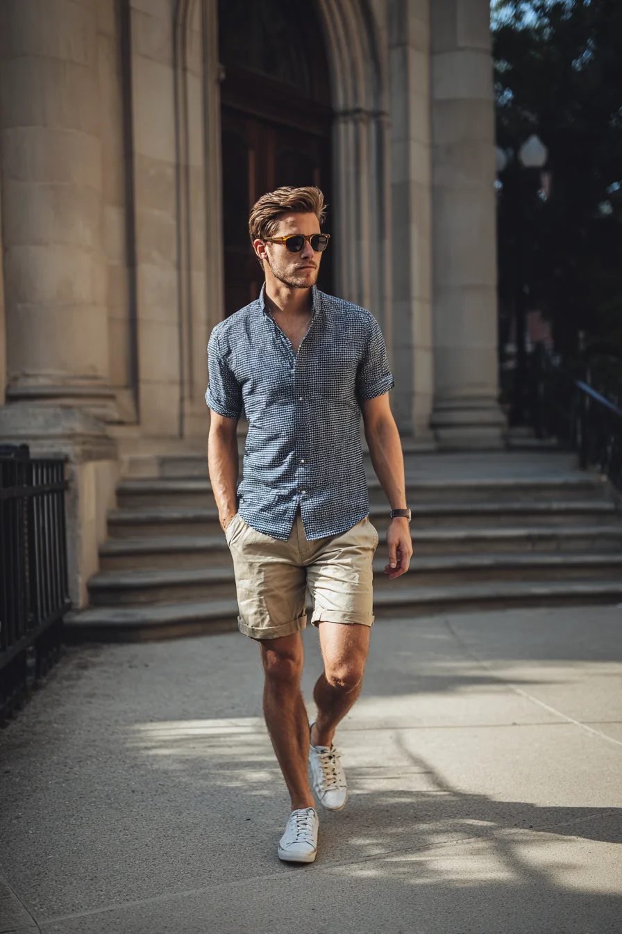Smart-Casual Summer Look: Short-Sleeve Shirt, Khaki Shorts & White Sneakers