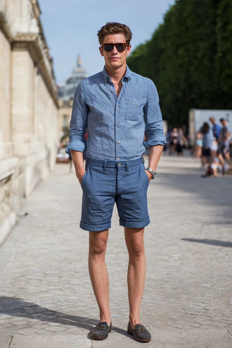 Smart-Casual Summer: Striped Shirt, Tailored Shorts & Loafers for Men