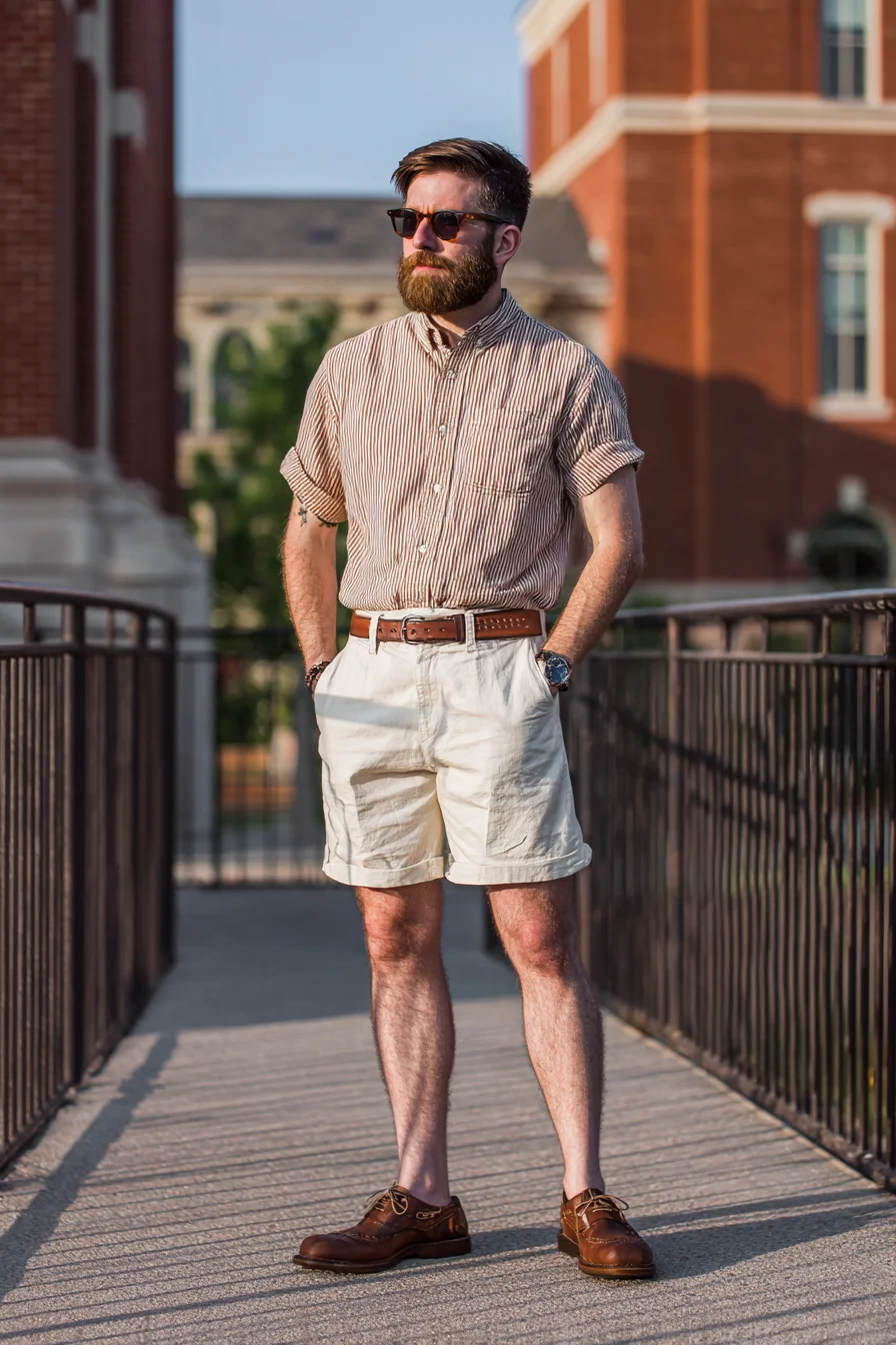 Smart-Casual Summer: Striped Short‑Sleeve Shirt with Tailored Cream Shorts