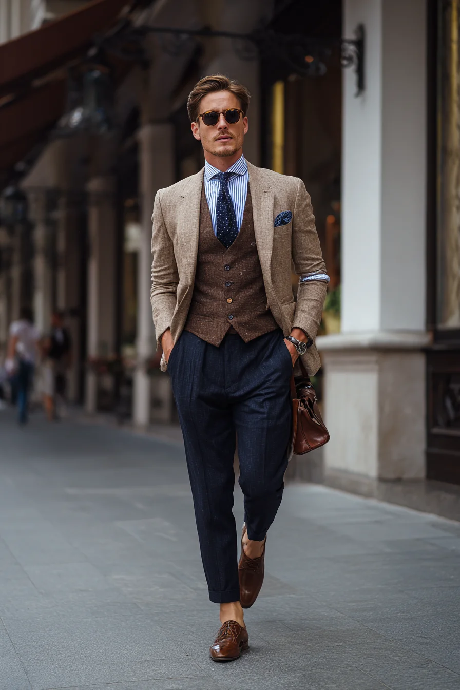 Smart-Casual Tailored Look — Beige Blazer, Brown Waistcoat & Navy Trousers