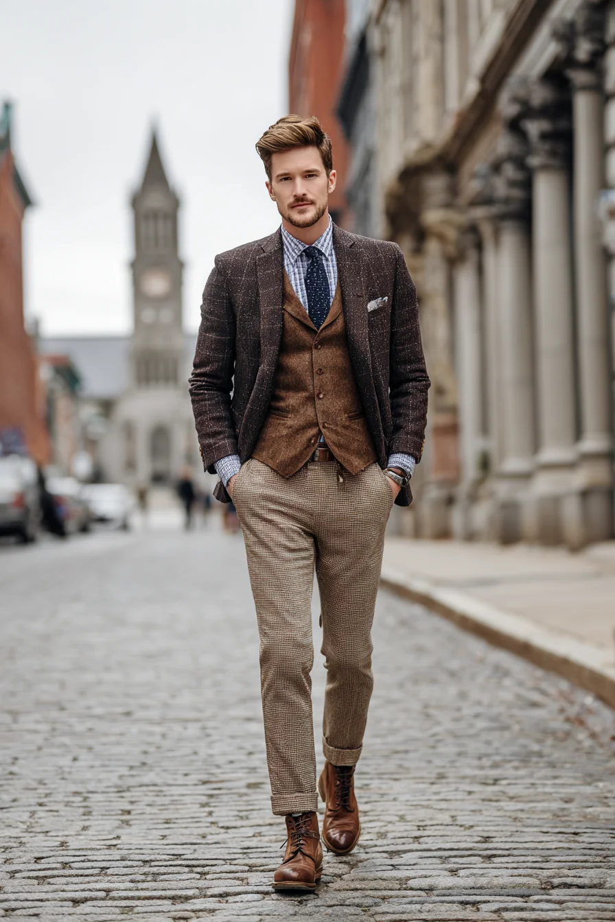 Smart-Casual Tweed Layering: Brown Waistcoat, Checked Shirt & Leather Boots