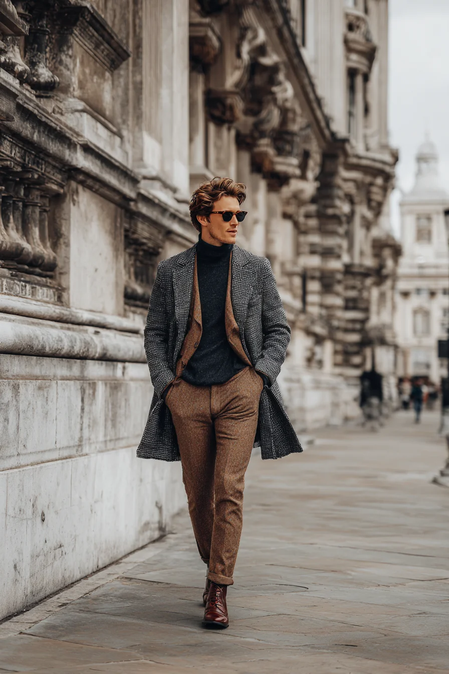 Smart Casual Tweed Suit with Turtleneck and Overcoat — Modern Mens Layered Look