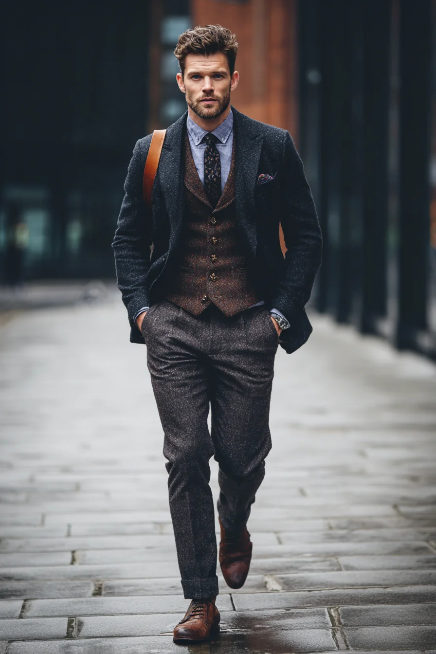 Smart Casual Tweed Three-Piece: Modern Menswear with Layered Textures