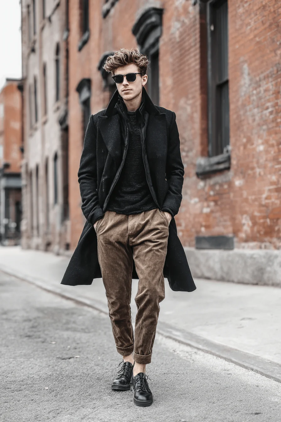 Smart-Casual Urban Outfit: Black Coat with Brown Corduroys