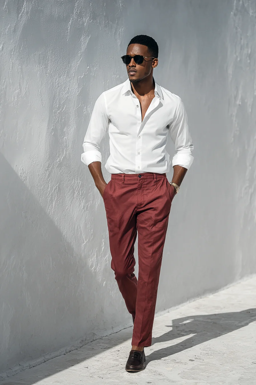 Smart Casual: White Shirt and Burgundy Chinos for Modern Men