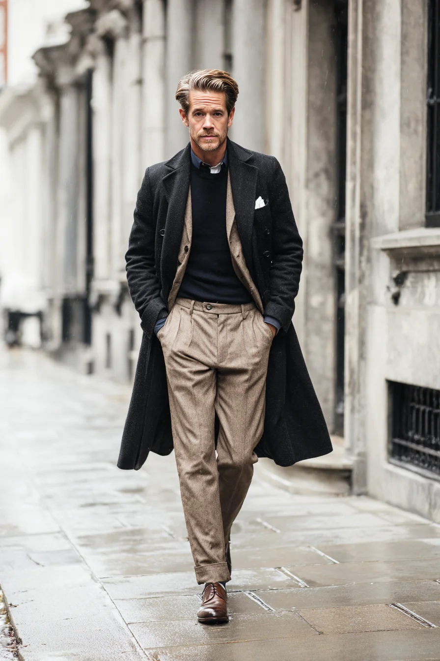 Smart-Casual Winter Layering: Charcoal Overcoat, Navy Knit & Tan Trousers