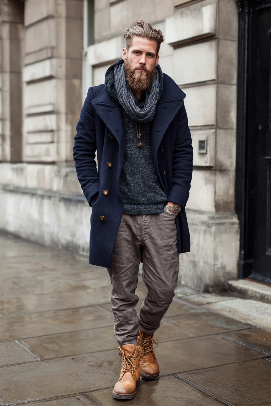 Smart Casual Winter Layering: Navy Peacoat, Knit Sweater & Leather Boots