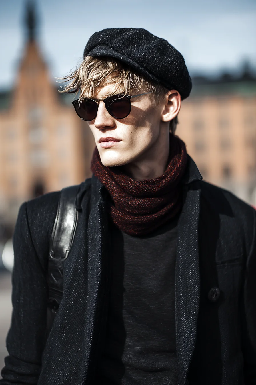 Smart-Casual Winter Style: Navy Coat, Burgundy Scarf & Newsboy Cap