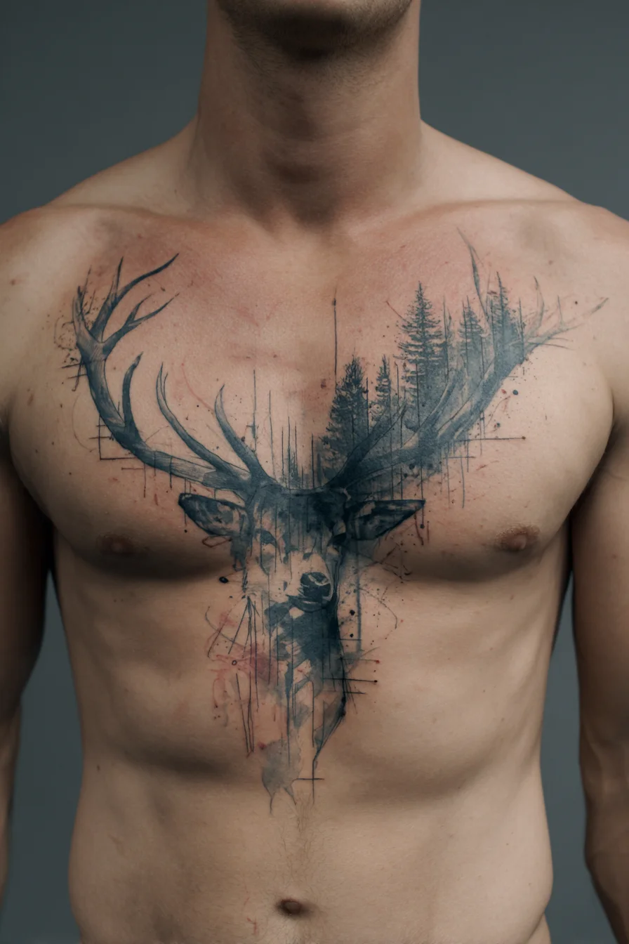 Stag Chest Tattoo — Watercolor Antlers with Forest Silhouette