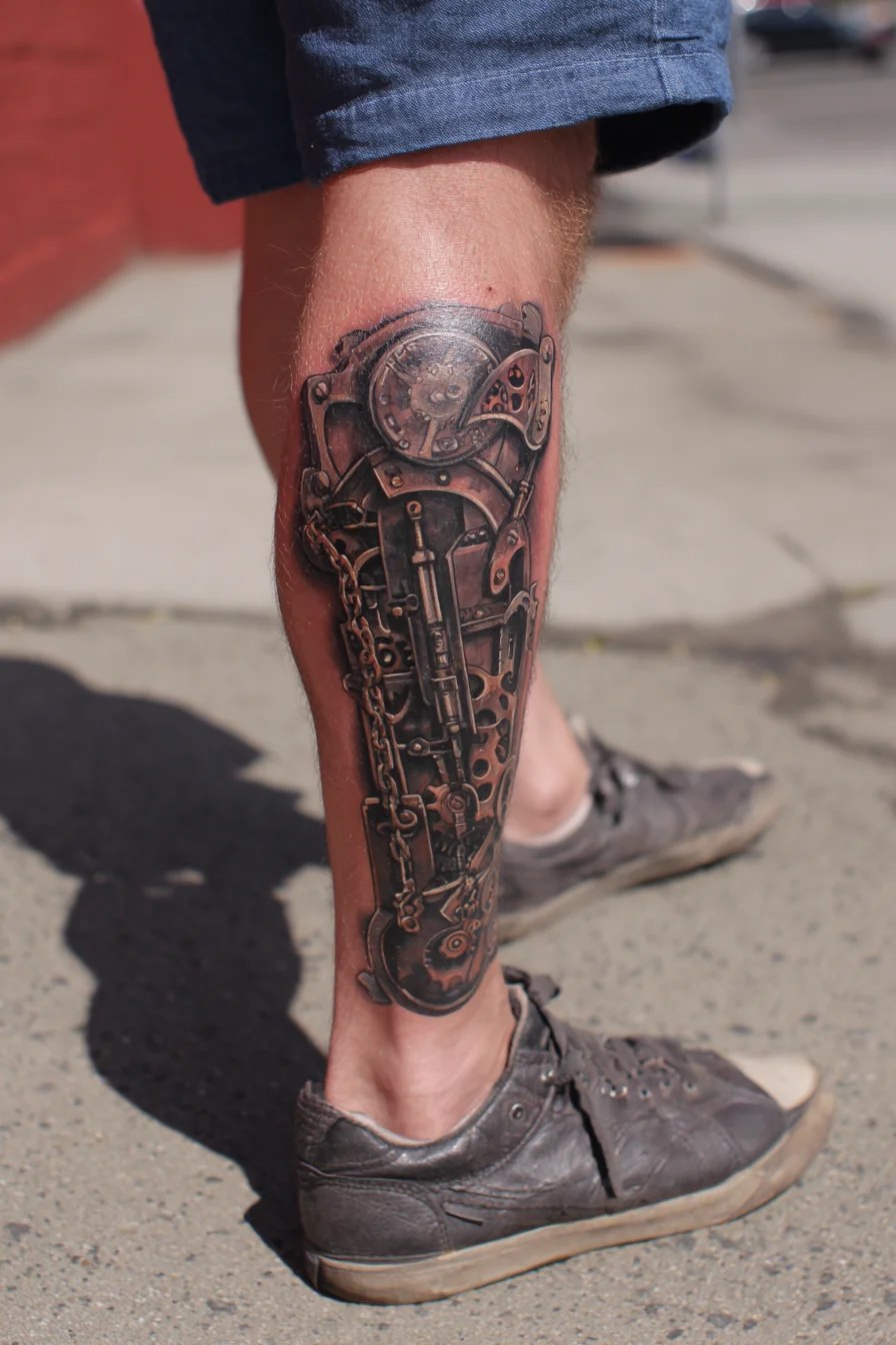 Steampunk Mechanical Calf Tattoo — Gears, Chains & Biomechanical Detail