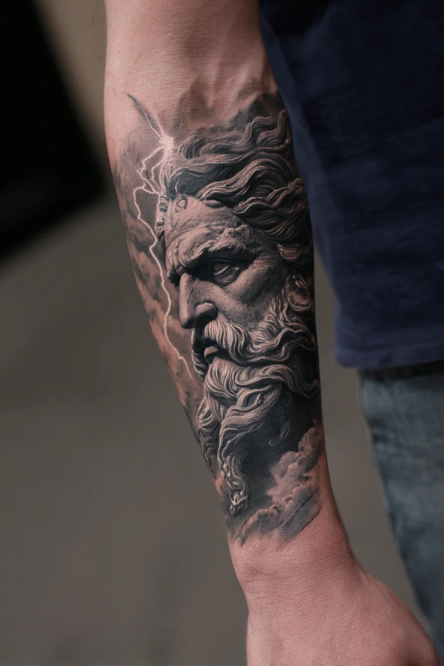 Storm-God Bearded Portrait — Black & Grey Realism Forearm Tattoo