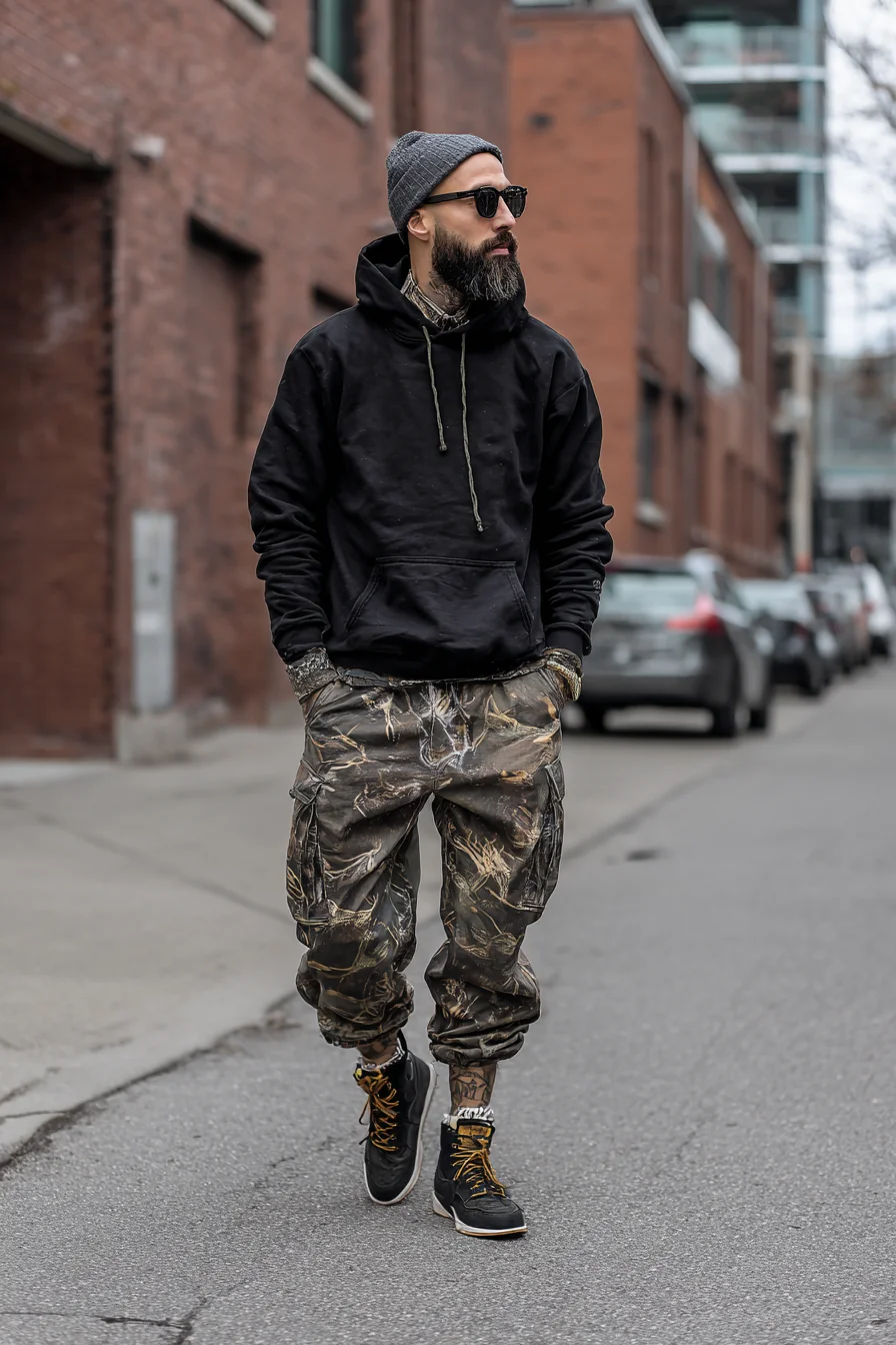 Street-Ready Mens Outfit: Black Hoodie, Camo Cargo Joggers & Work Boots