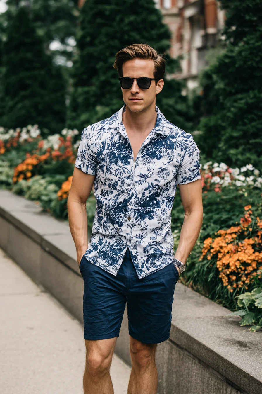 Summer Casual: Navy Floral Shirt with Tailored Shorts for Men