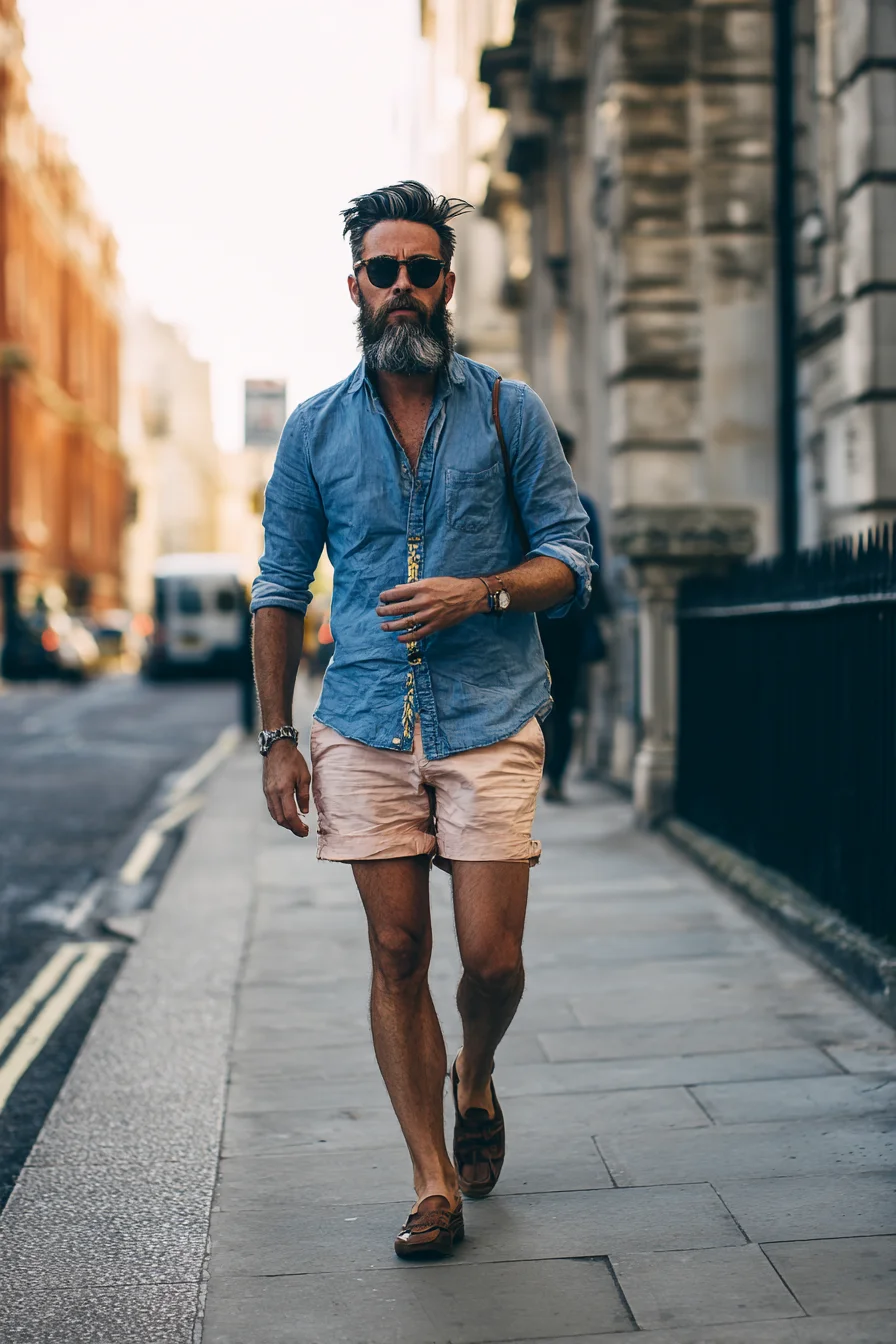 Summer Smart-Casual: Chambray Shirt with Tailored Shorts and Leather Loafers