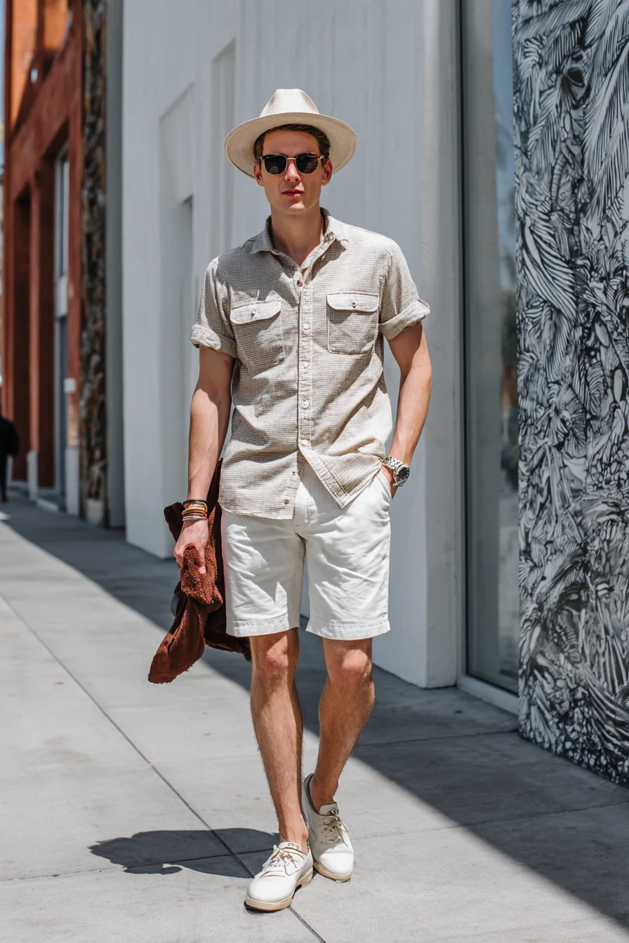 Summer Smart-Casual: Linen Shirt, White Shorts & Straw Hat