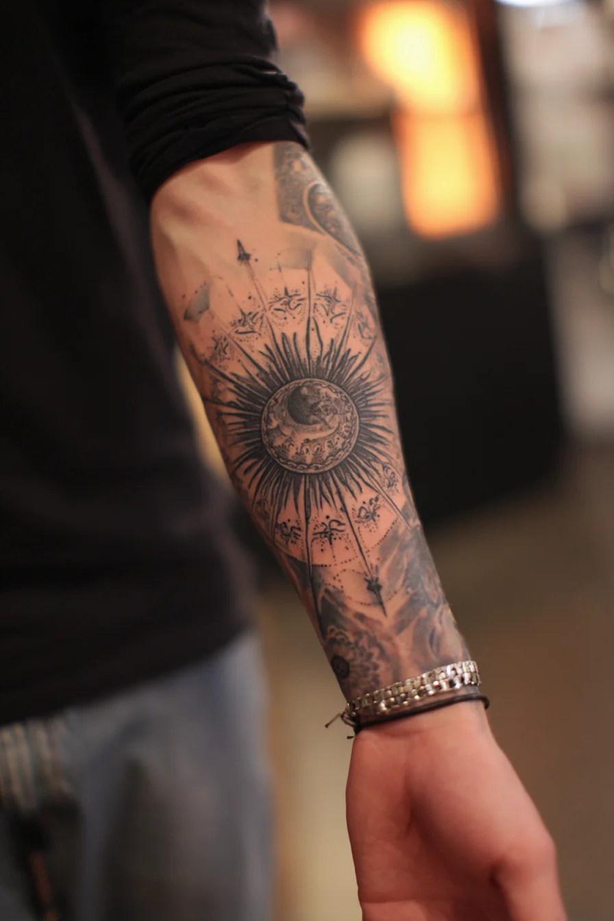 Sun‑Moon Mandala Forearm Tattoo — Black & Grey Geometric Sunburst