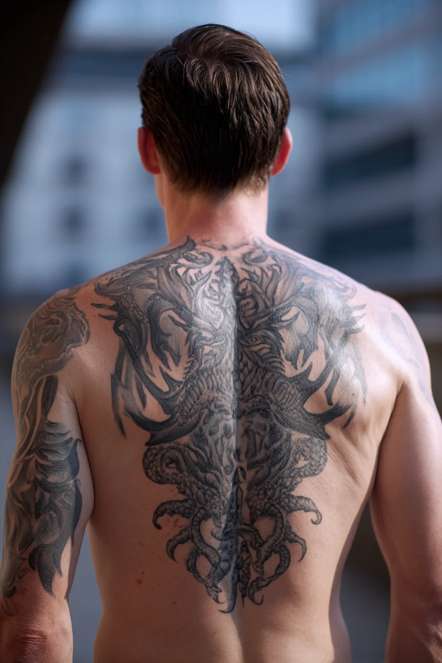 Symmetrical Dragon–Tentacle Full-Back Tattoo — Blackwork Mythic Backpiece