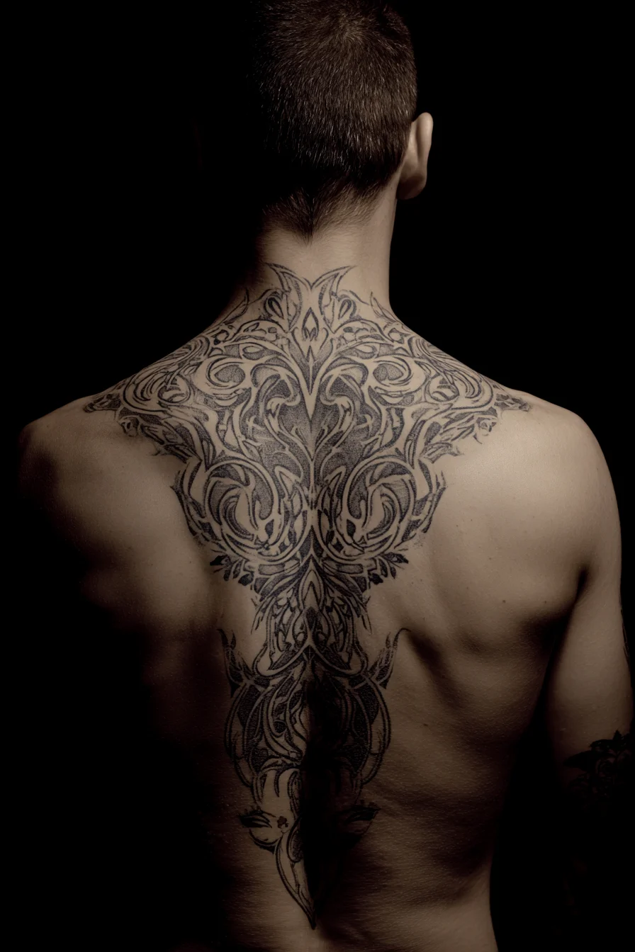 Symmetrical Ornamental Back Tattoo — Spine-to-Shoulder Blackwork