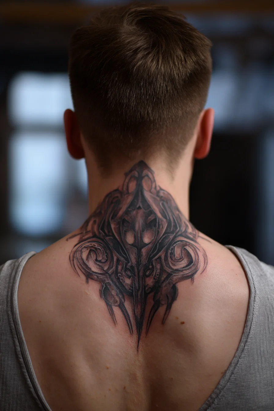Symmetrical Ornamental Biomech Nape & Upper-Back Tattoo