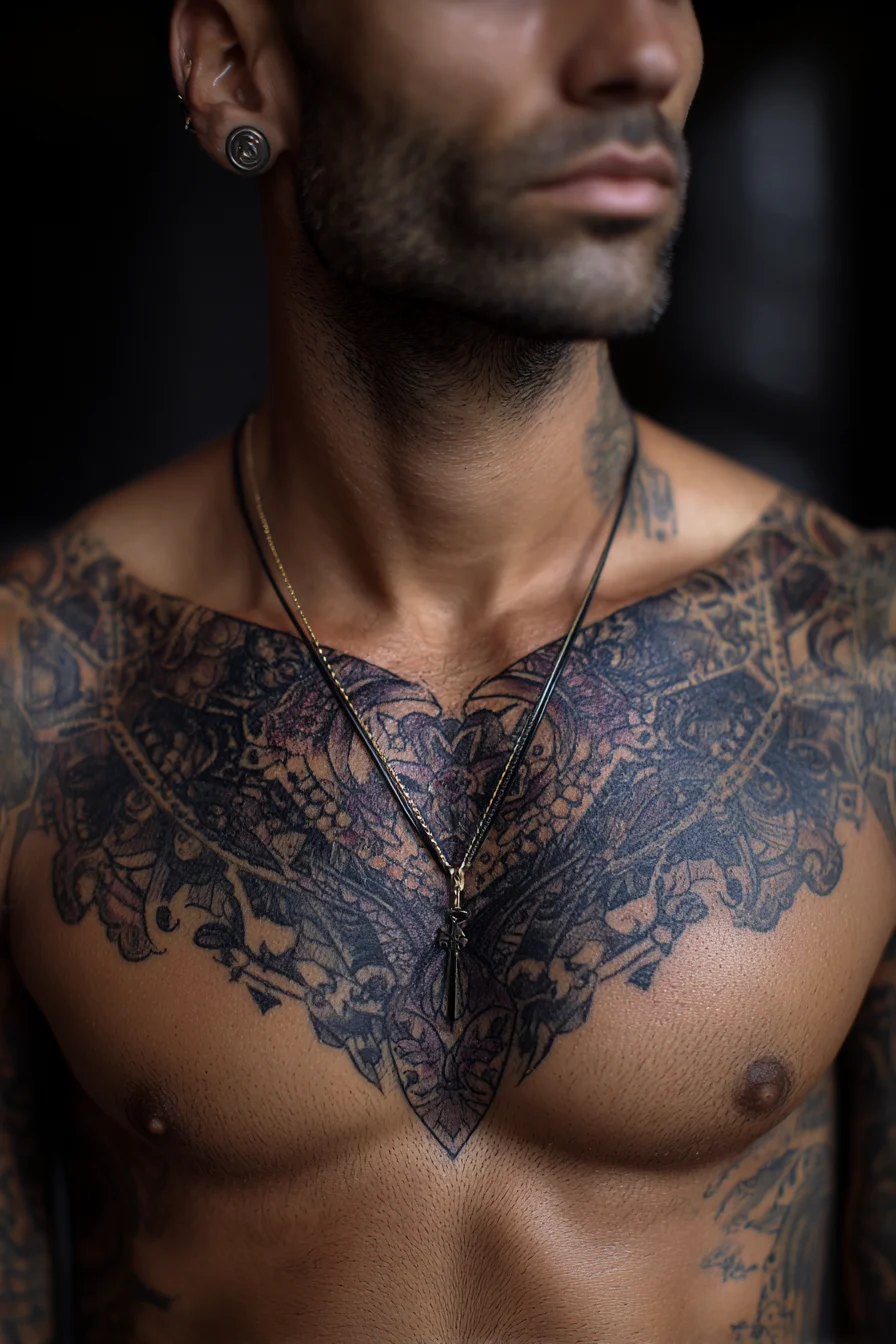 Symmetrical Ornate Chest Mandala Tattoo — Bold Male Sternum & Upper-Chest Design