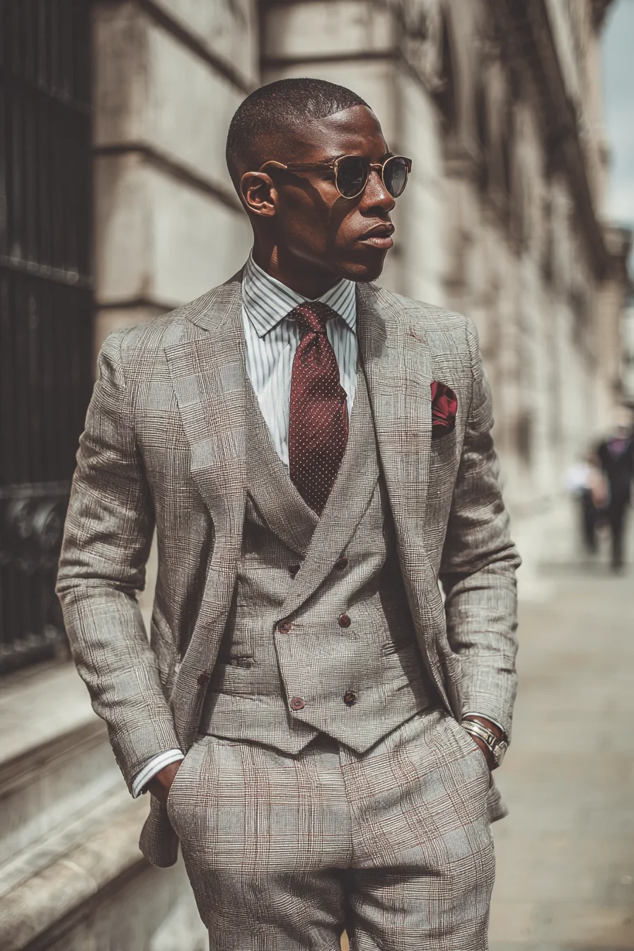 Tailored Glen Plaid Three‑Piece Suit with Burgundy Accents