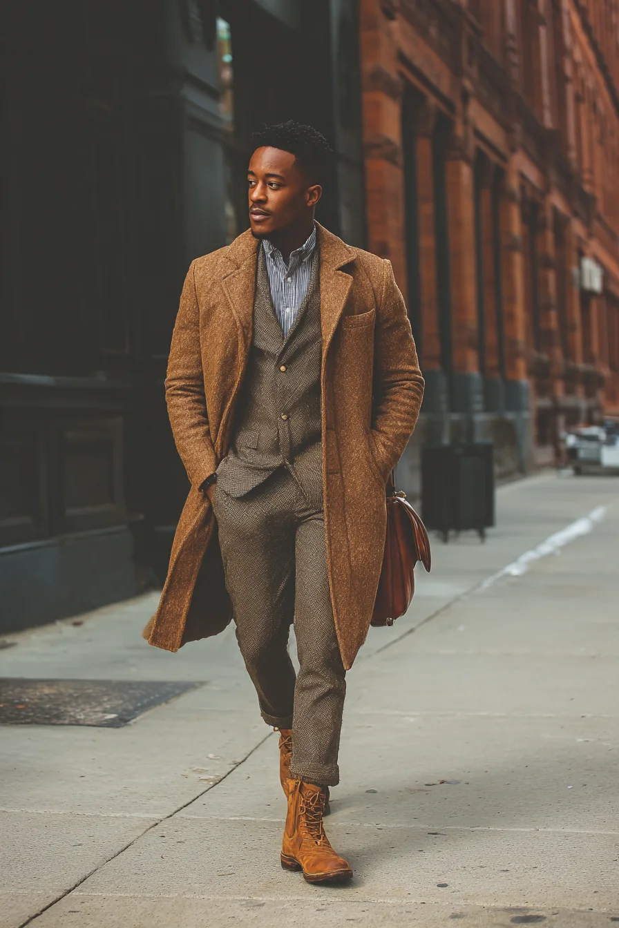 Tailored Mens Autumn Street Style: Camel Overcoat, Tweed Suit & Leather Boots