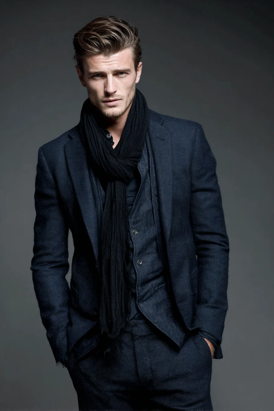 Tailored Navy Suit with Black Scarf - Modern Smart-Casual Mens Styling