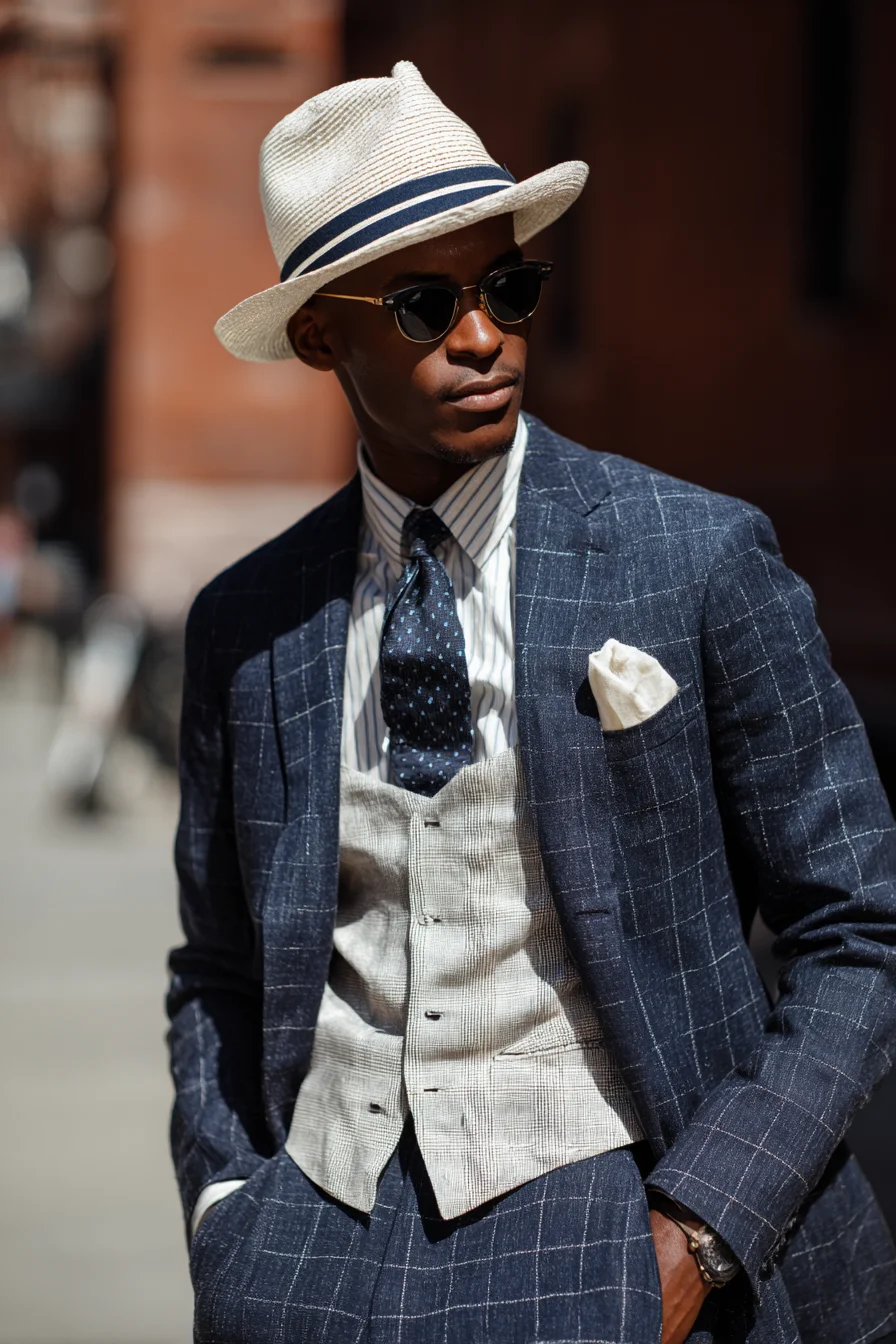 Tailored Navy Windowpane Suit with Linen Waistcoat and Straw Fedora — Summer Smart-Casual