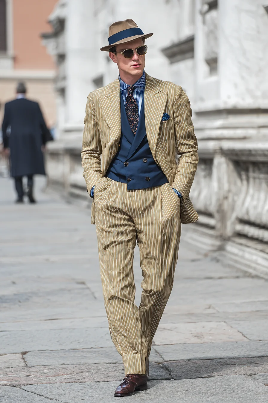 Tan Pinstripe Suit with Navy Waistcoat — Smart Daytime Mens Tailoring