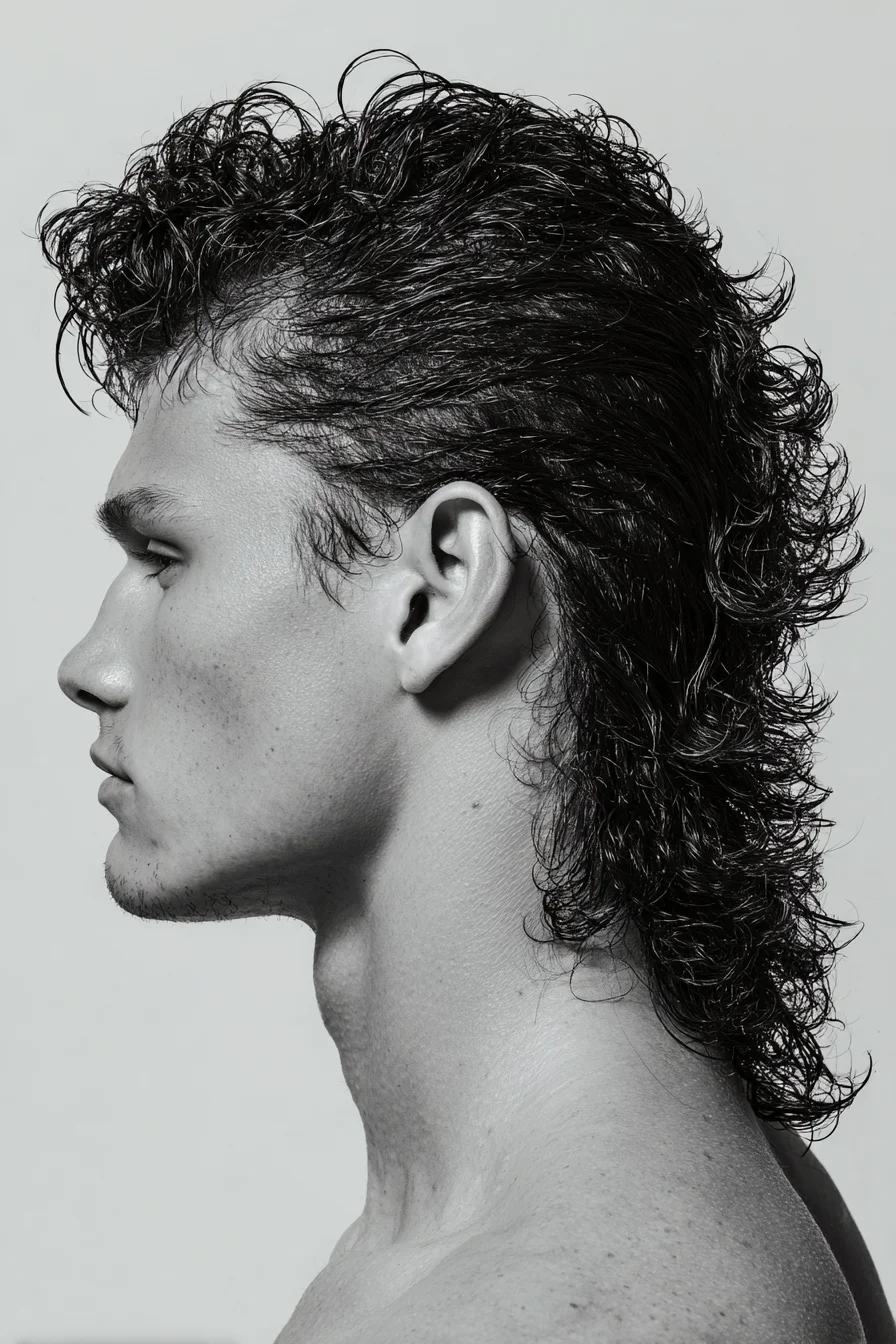 Textured Curly Mullet for Men — Modern Wet‑Look, Tapered Sides