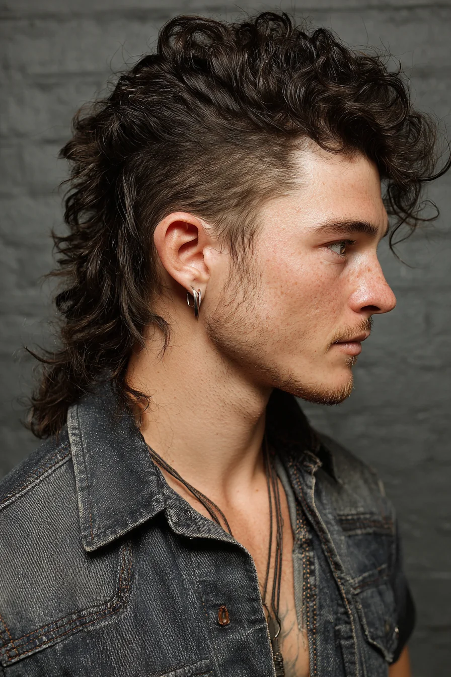 Textured Curly Mullet with Faded Undercut for Men