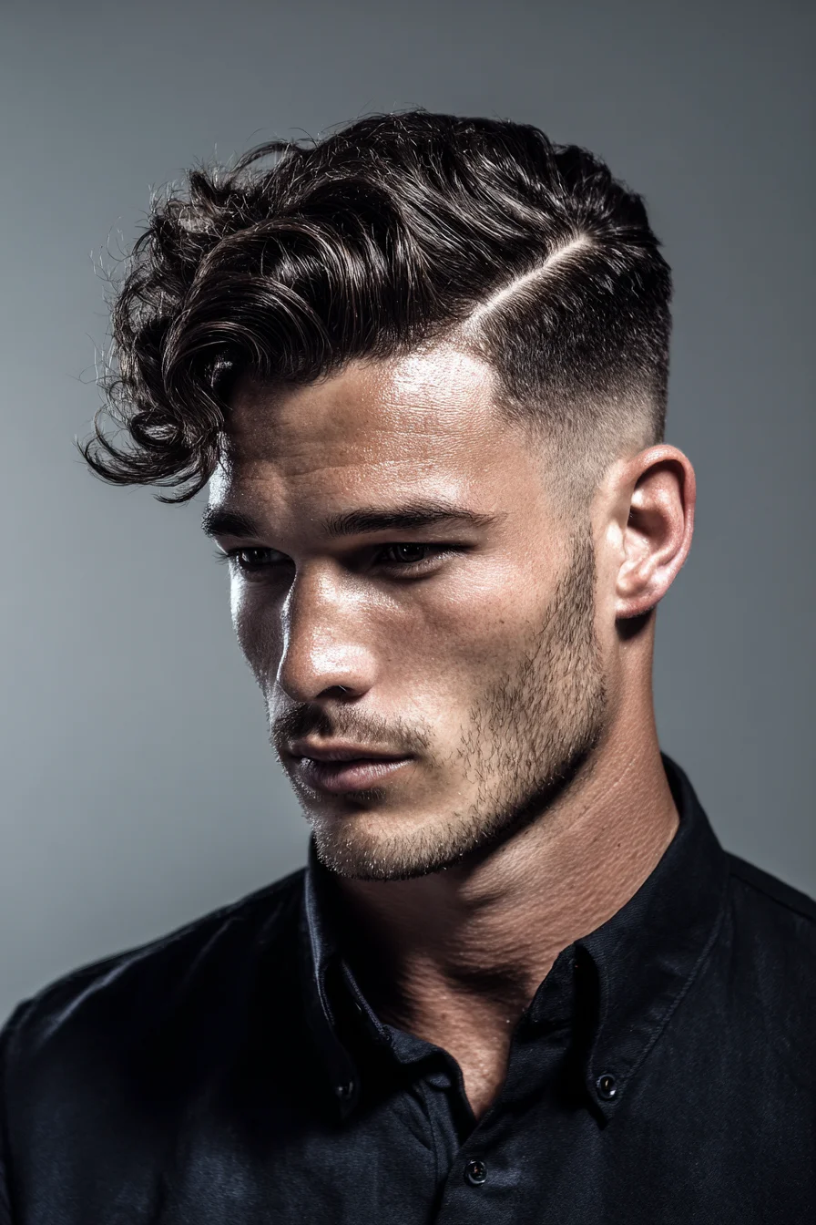 Textured Curly Top with Hard Part and Low Skin Fade for Men