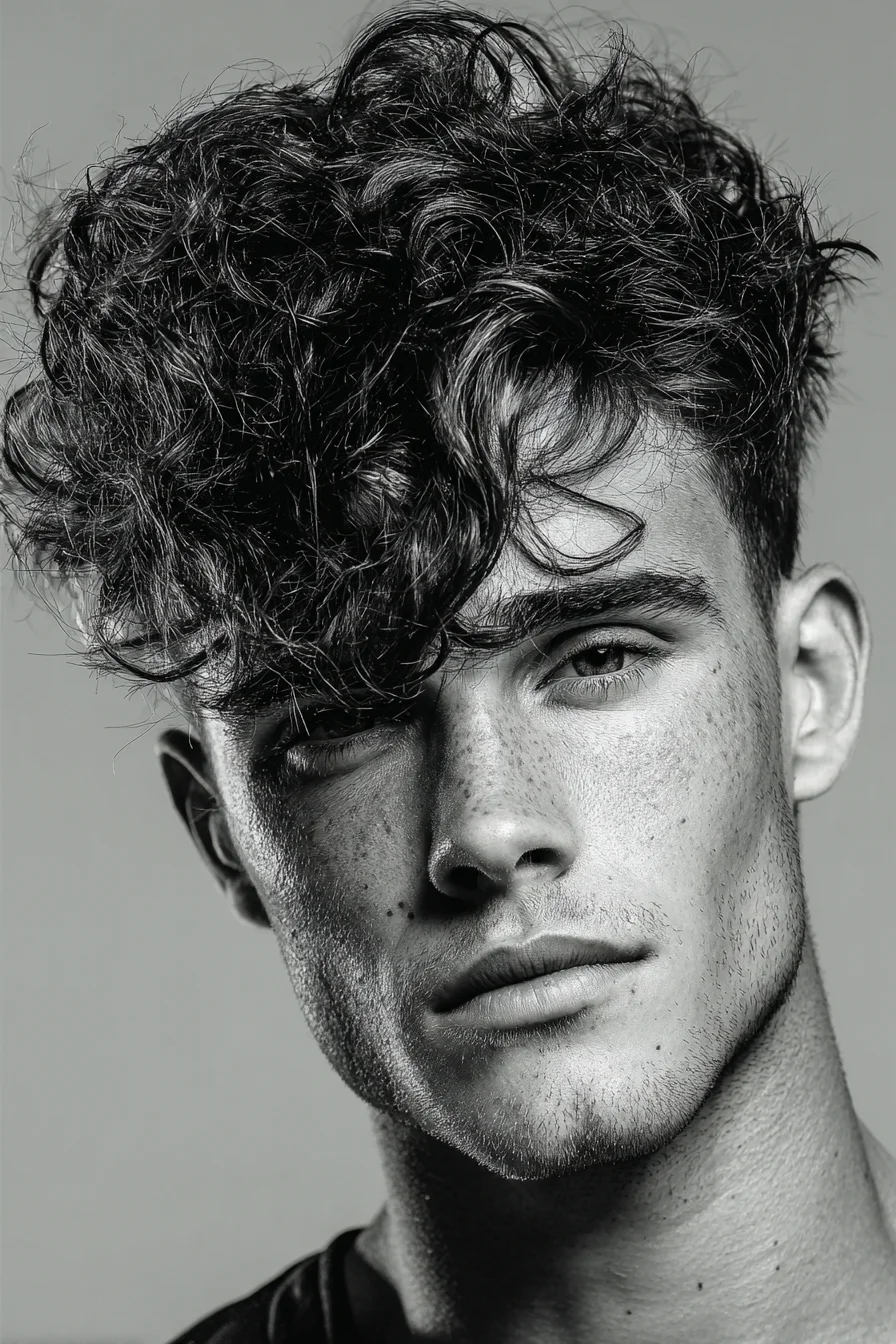 Textured Curly Top with Short Sides — Modern Mens Tousled Fringe