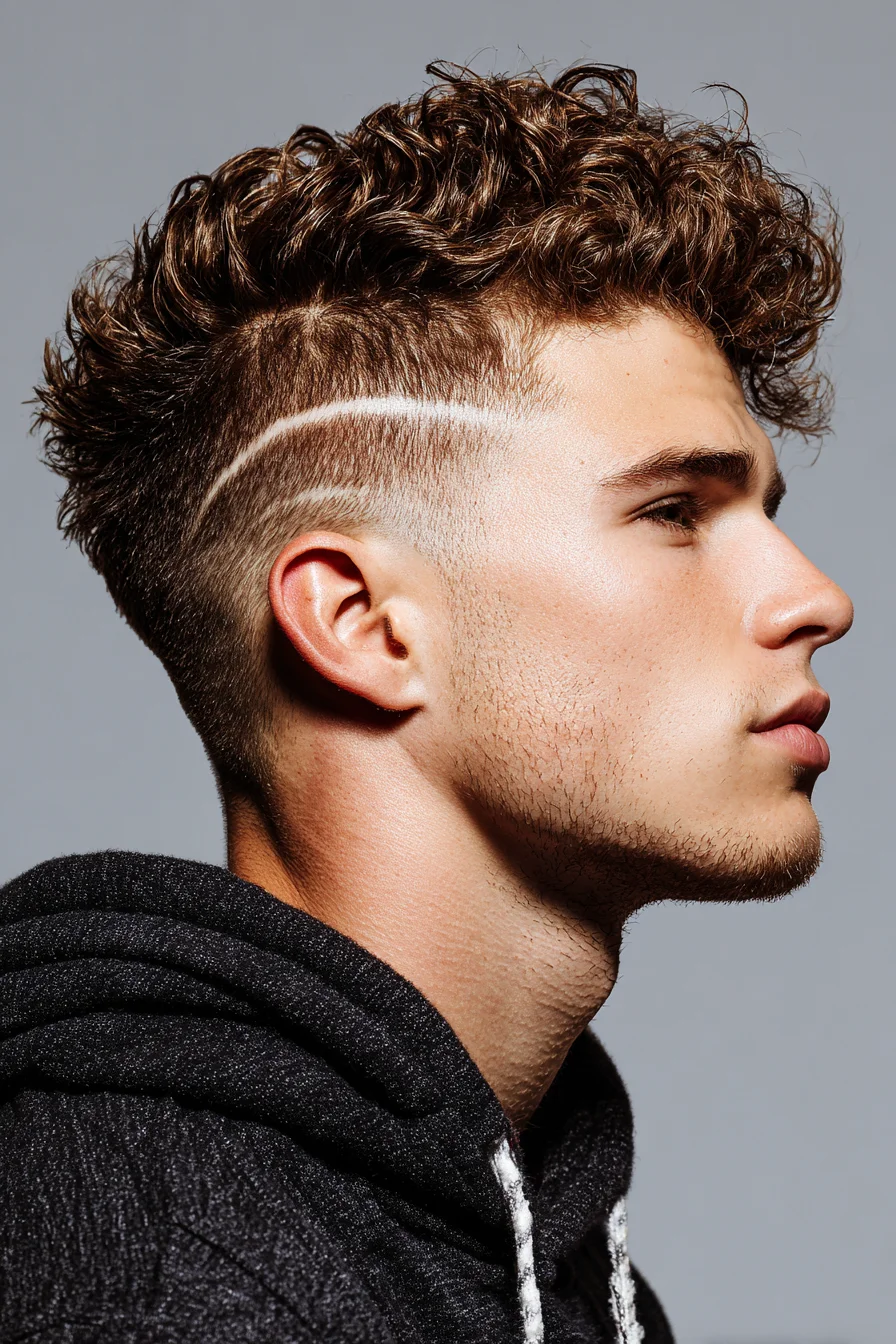 Textured Curly Top with Skin Fade and Razor Hard Part