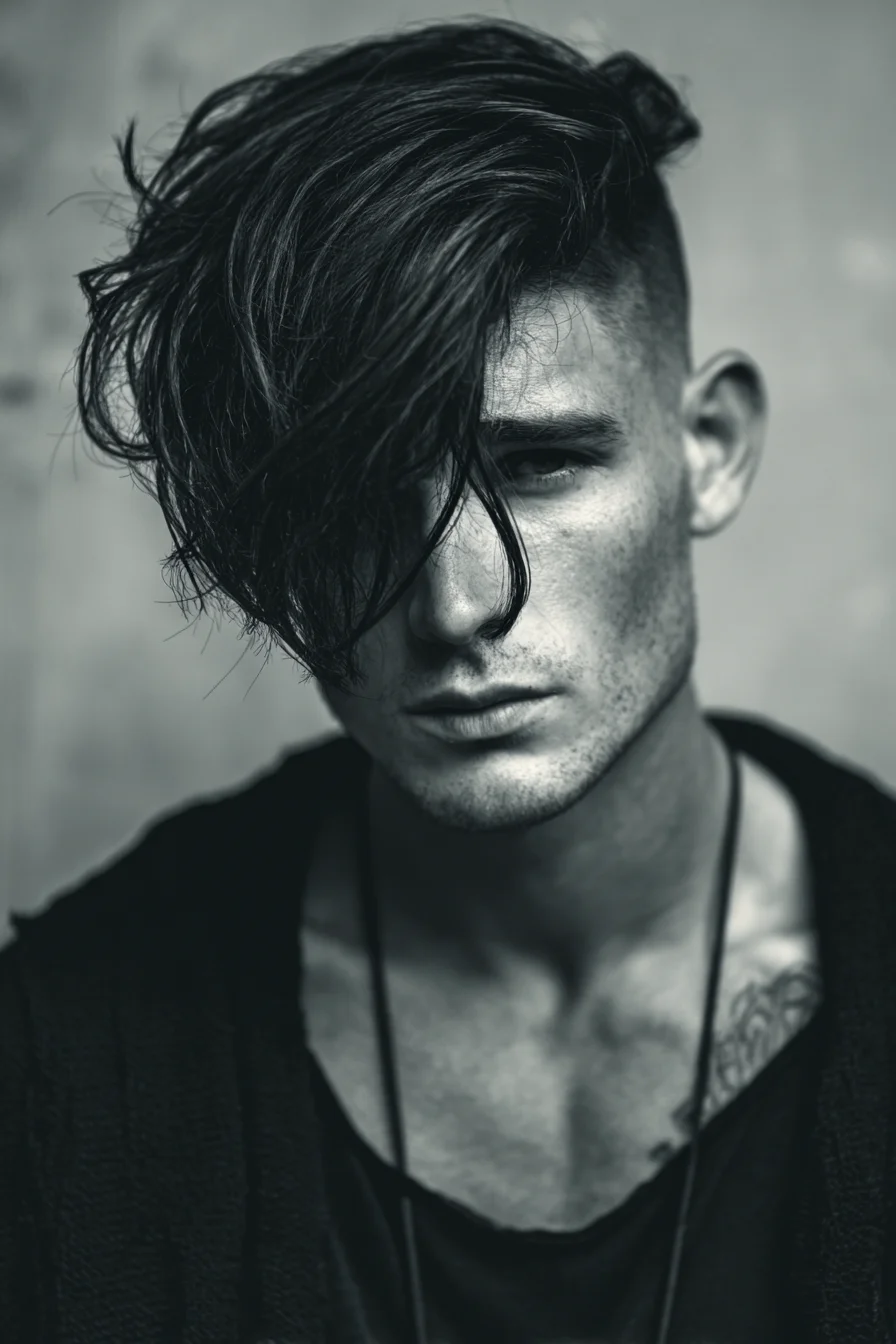 Textured Long Fringe with Skin Fade — Modern Side‑Swept Mens Hairstyle