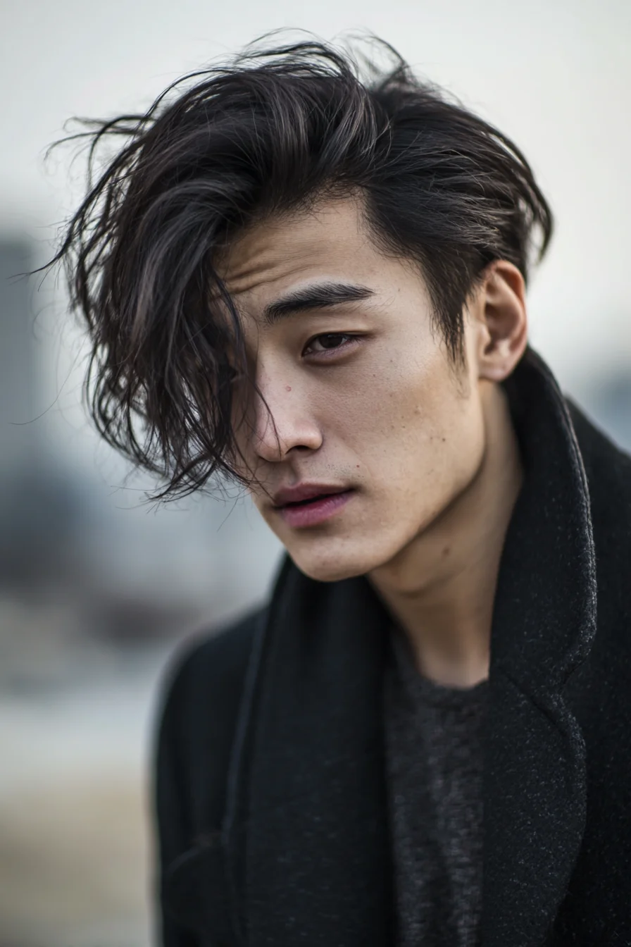 Textured Long Fringe with Volume — Messy Side‑Swept Mens Hairstyle