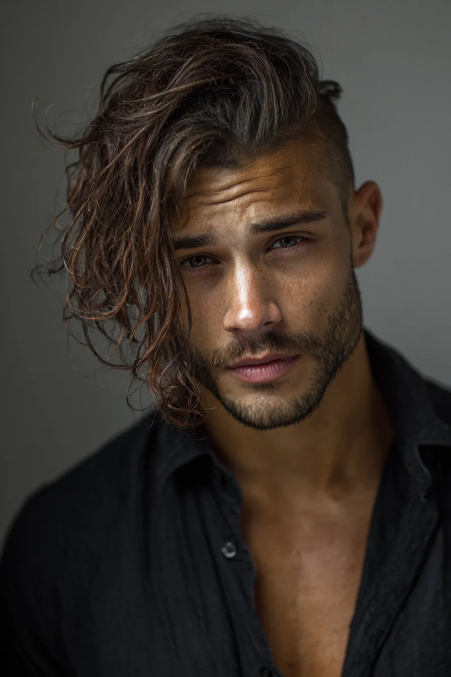 Textured Long Side-Swept Undercut for Wavy Hair