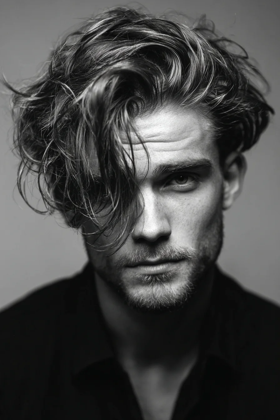 Textured Long Top with Tousled Side‑Swept Fringe for Men
