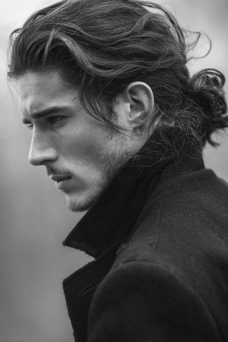 Textured Low Man Bun with Face‑Framing Layers