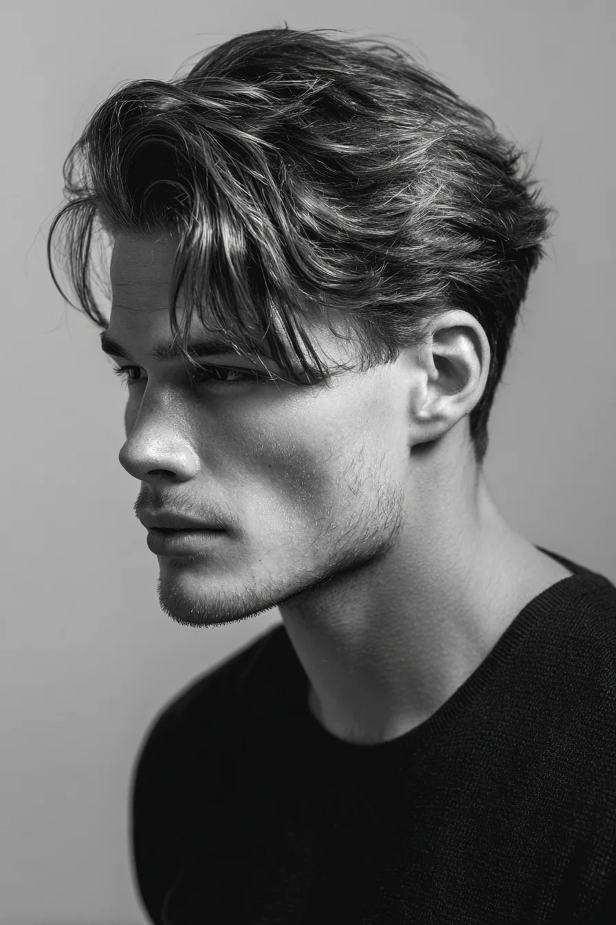Textured Medium-Length Brush-Back with Curtain Fringe – Mens Hairstyle