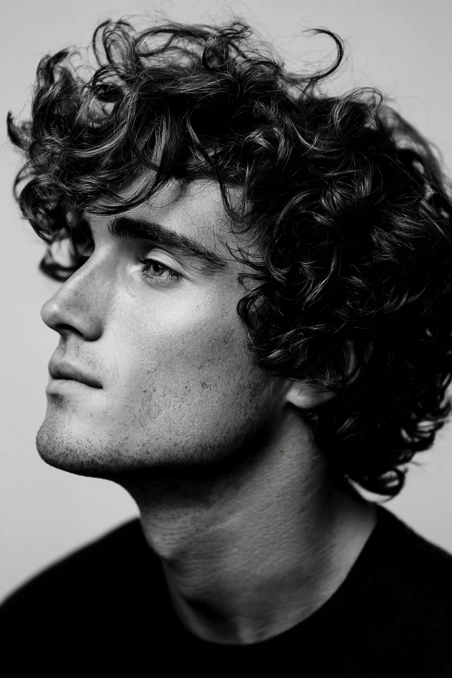 Textured Medium-Length Curly Top for Men with Light Tapered Sides