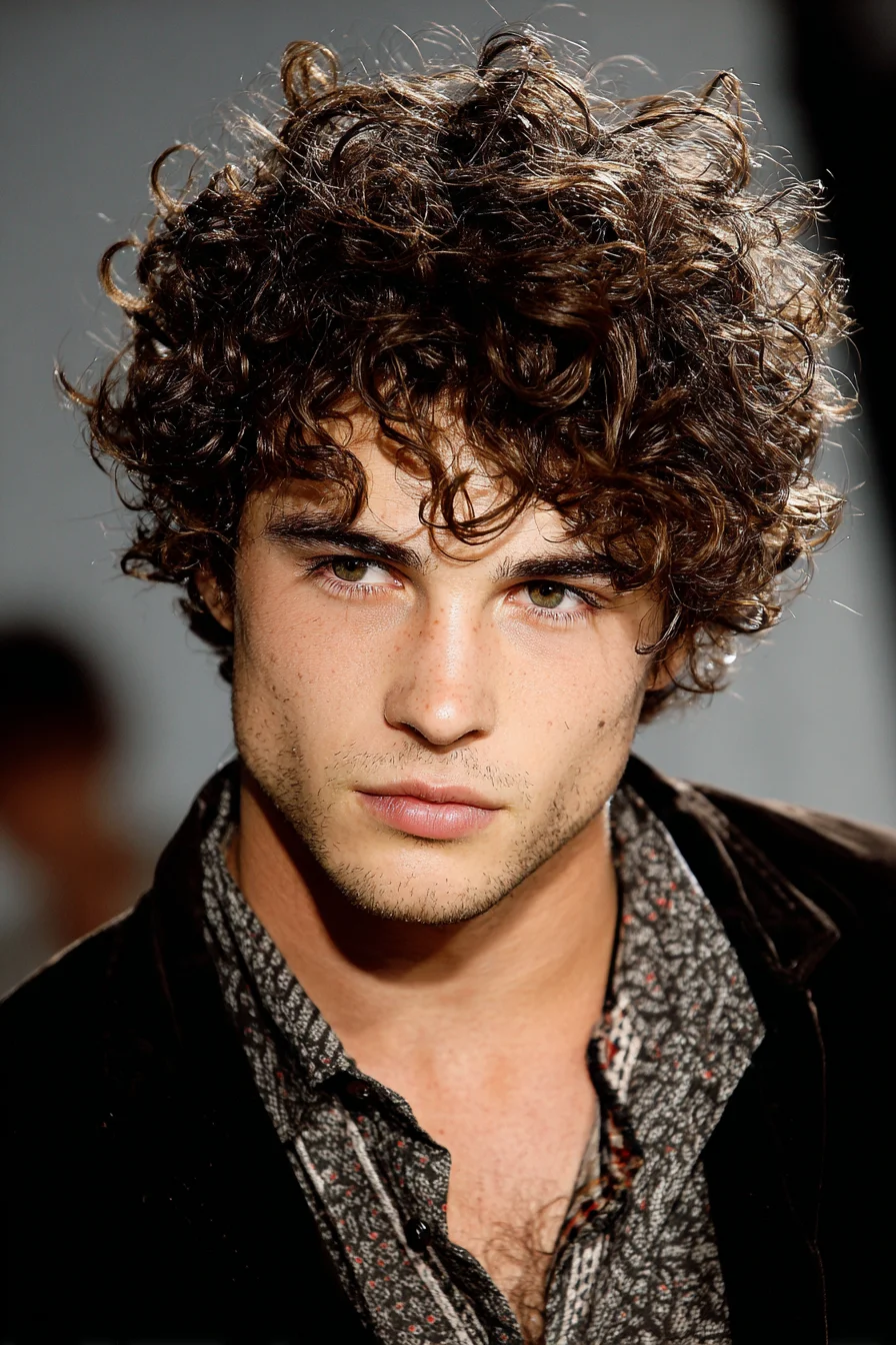 Textured Medium-Length Curly Top with Tapered Sides for Men