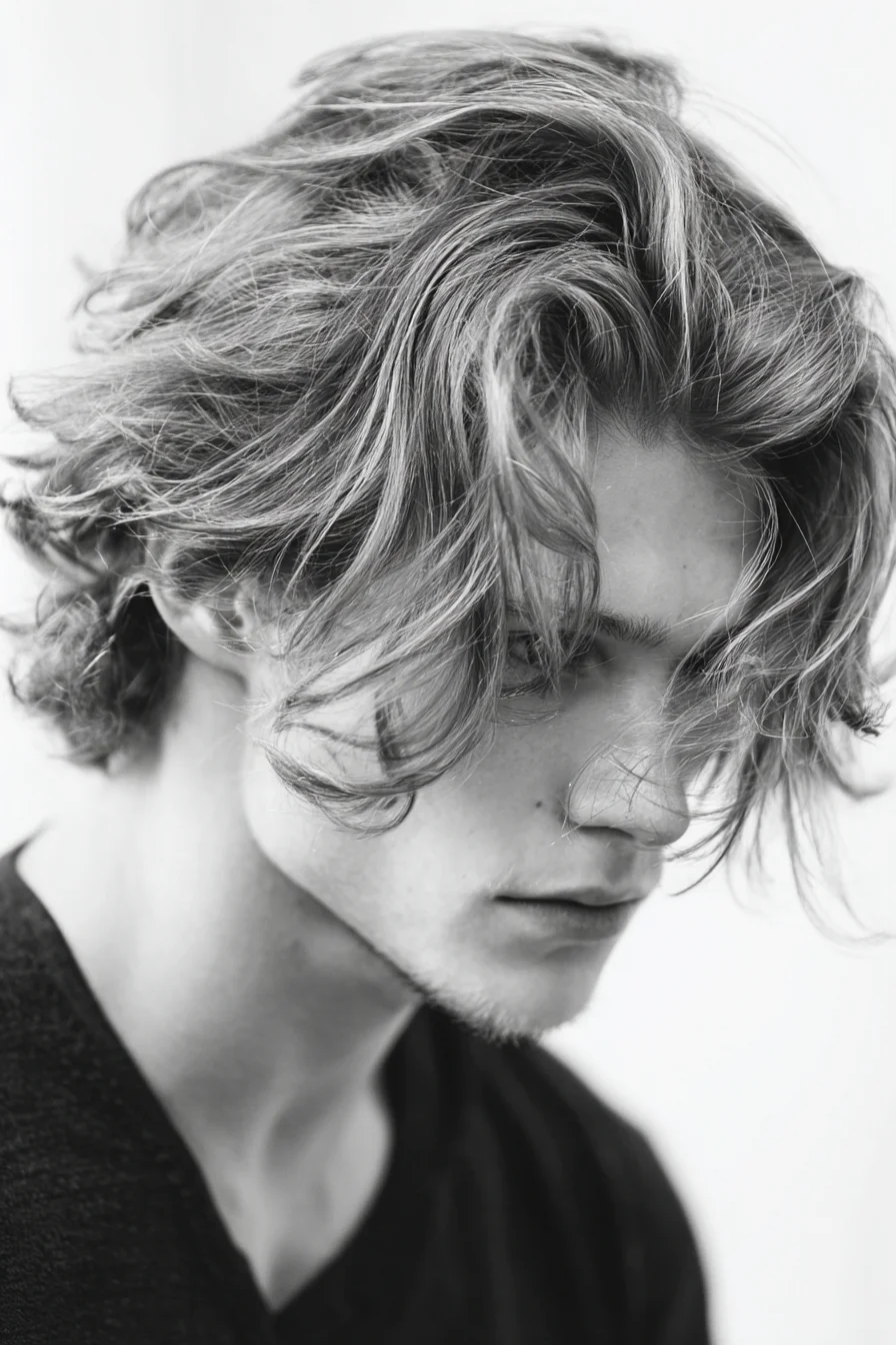 Textured Medium-Length Tousled Men’s Hairstyle with Curtain Fringe