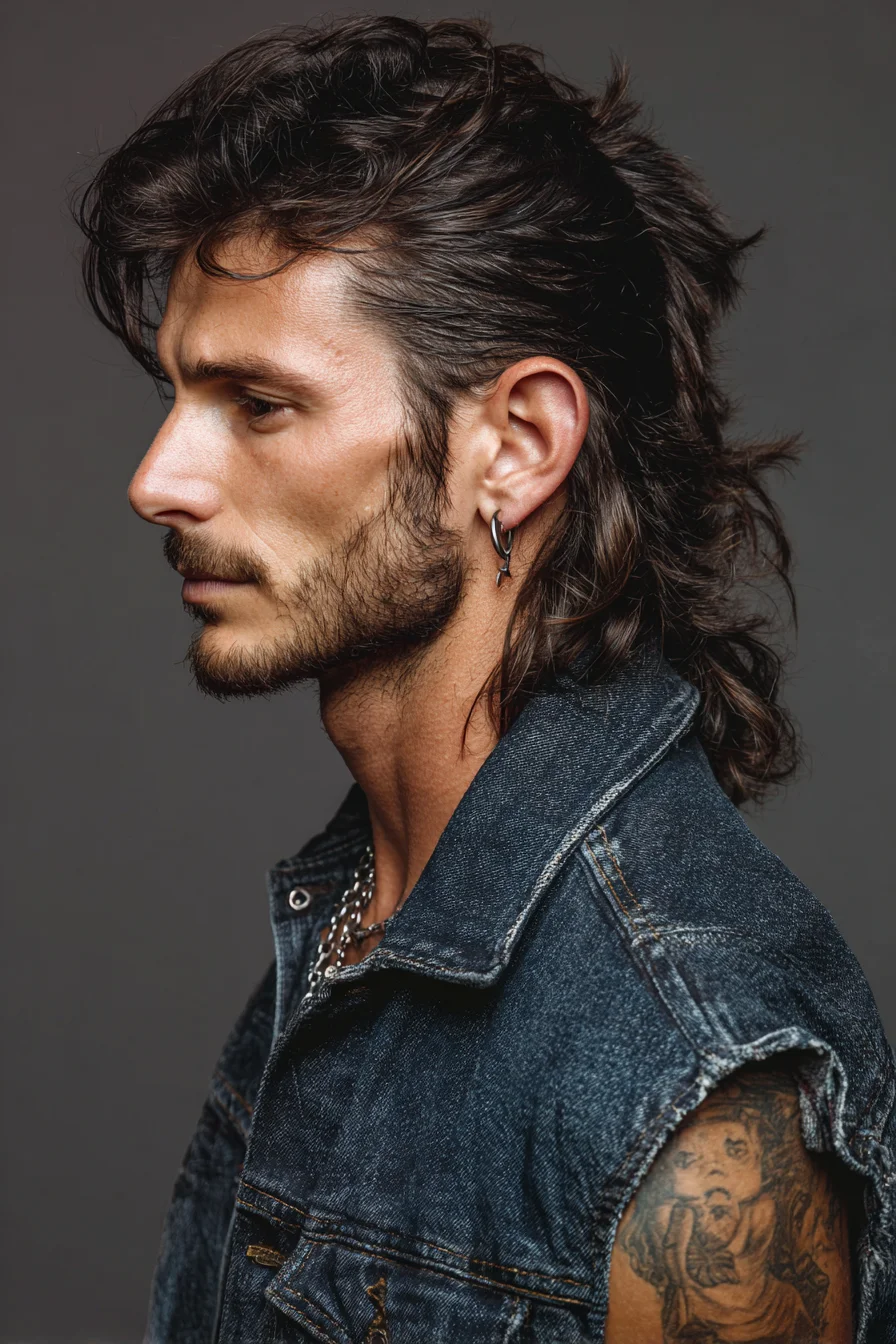 Textured Modern Mullet — Medium-Length Mens Hairstyle with Slicked Back Top