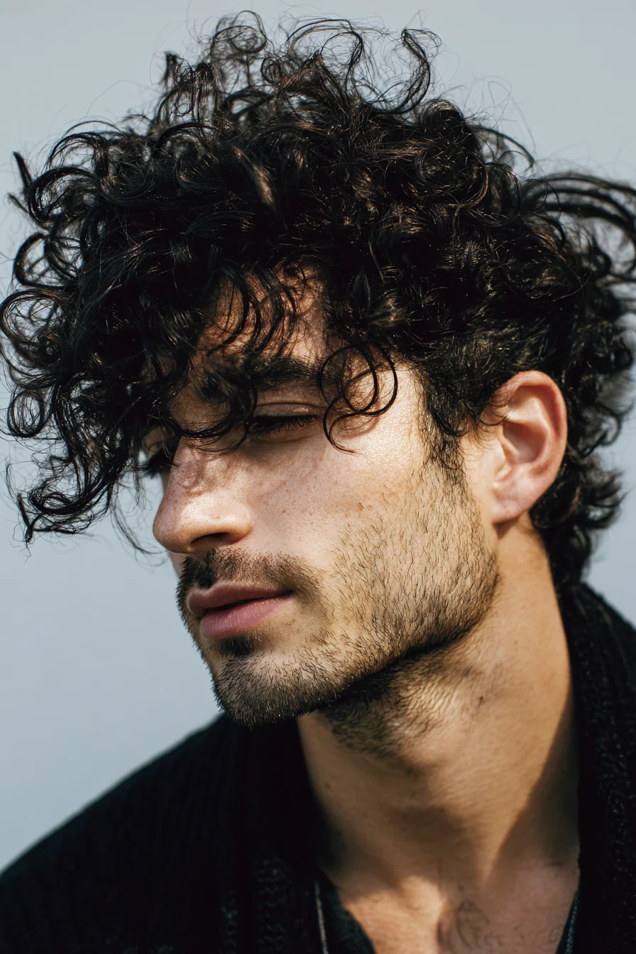 Textured Natural Curly Top with Long Fringe — Mens Curly Hairstyle